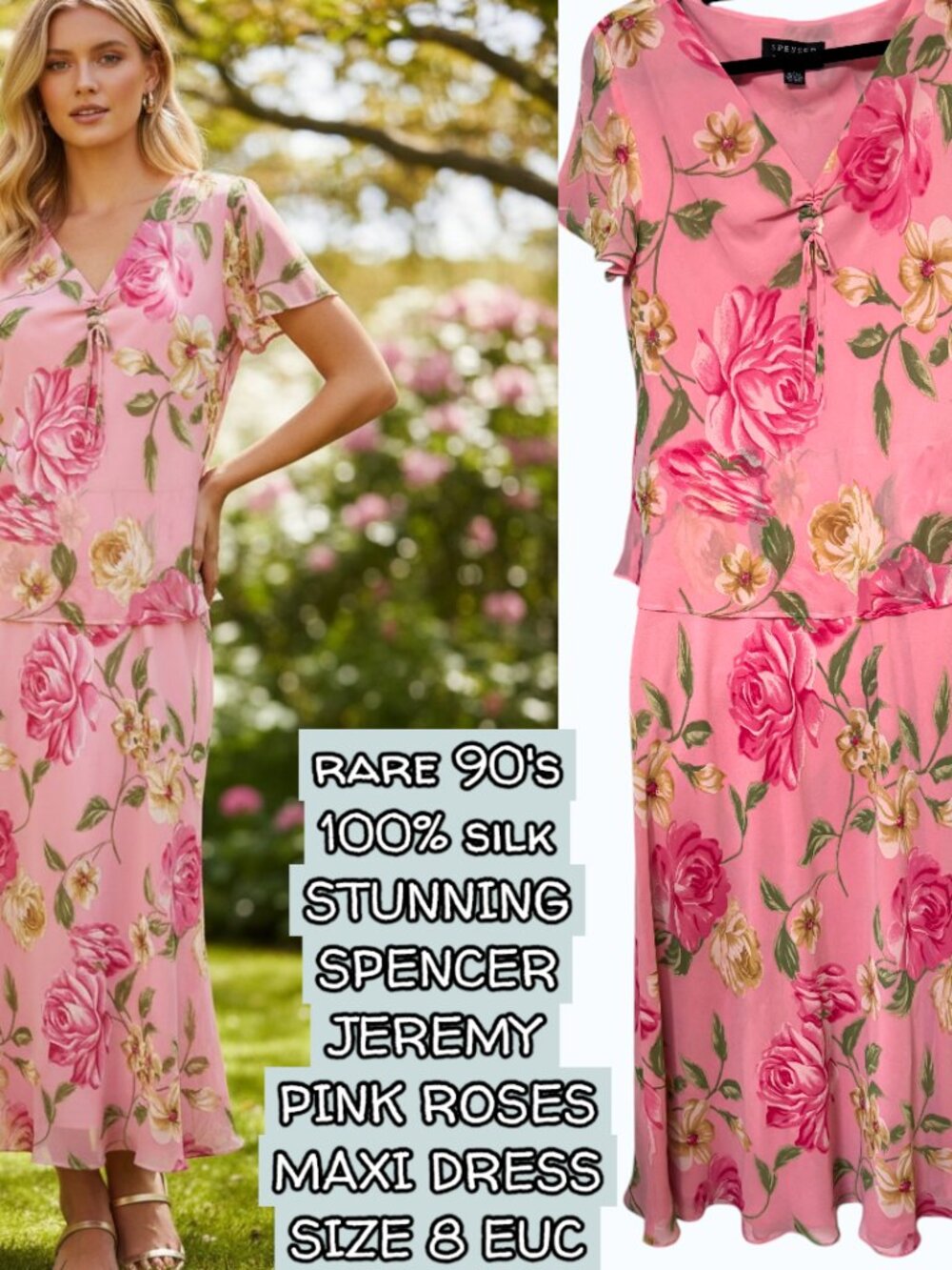 ✨ RARE Vintage 90s Spenser Jeremy 100% Silk Pink Rose Maxi Dress - 8 ✨